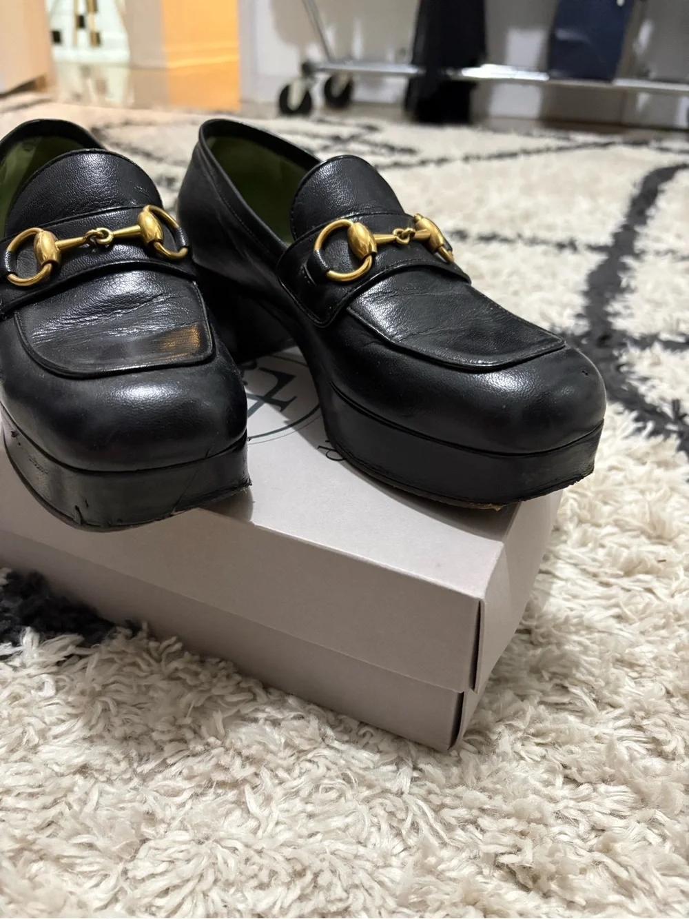 Gucci Black Leather Platform Horsebit Loafers with Gold Hardware